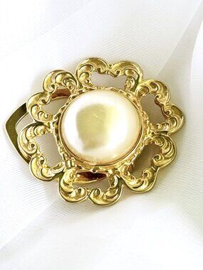 Vintage Gold Tone & Faux Pearl Scarf Clip Brooch